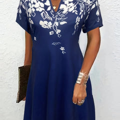 Floral Print Short Sleeve Notched Neck Dress