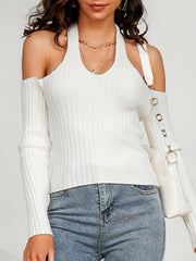 Sexy Ribbed Knit Cold Shoulder Halter Sweater