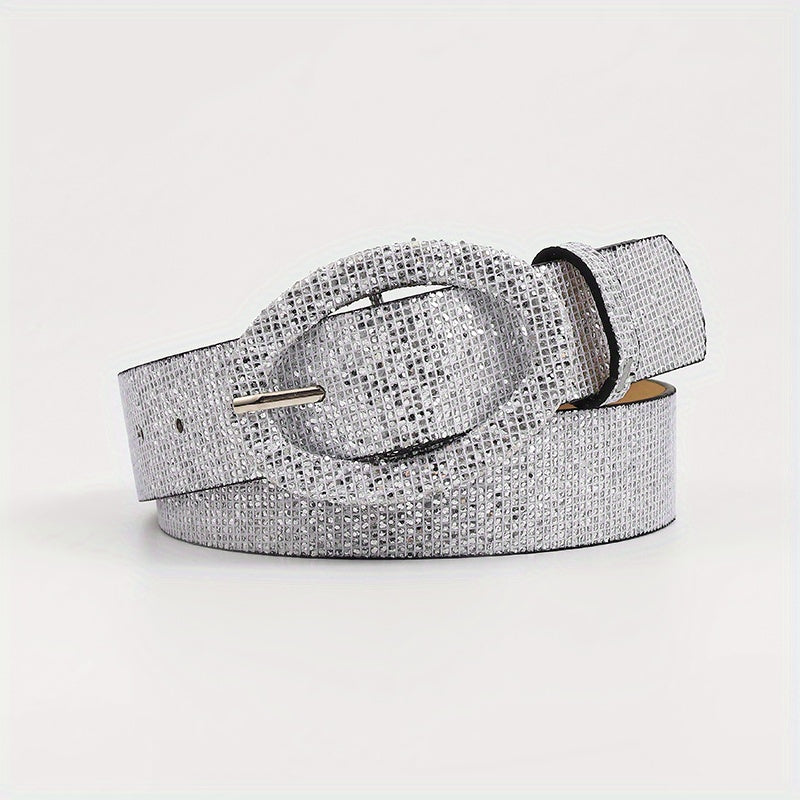 Sequin Sparkling Women Dress Belt Oval Pin Buckle Wide Belt