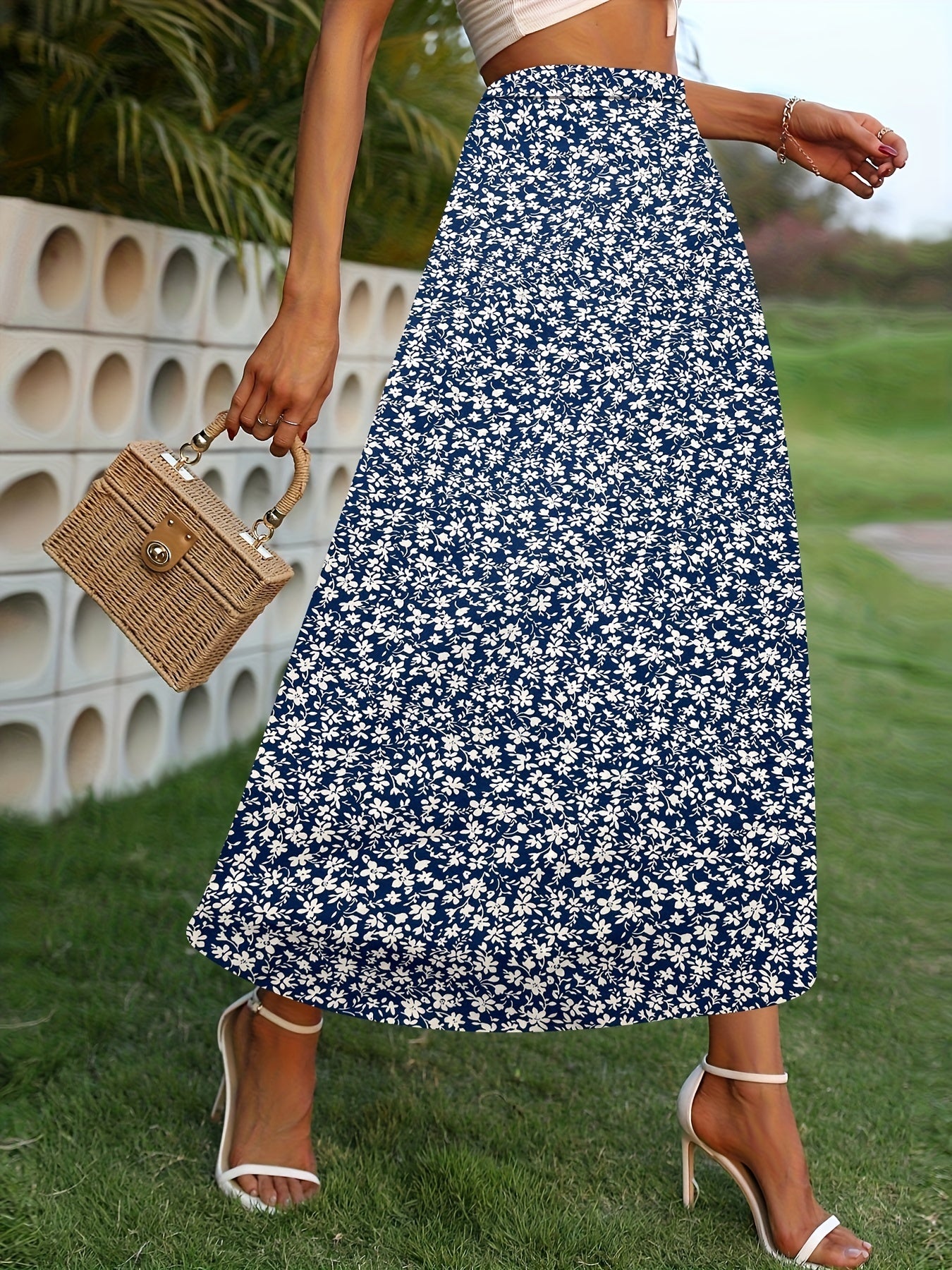 Floral Print High Waist A Line Skirt