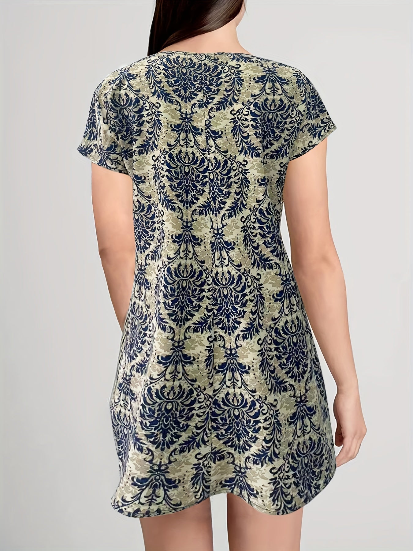 Ethnic Floral Print Dress Boho Crew Neck Short Sleeve Dress