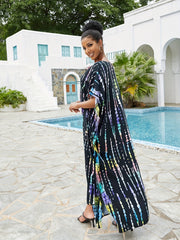 Boho Cover Up Tie Dye Striped V Neck Beach Cover Up Dress