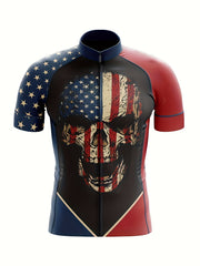 YTCYCLE Skeleton Head & US Flag Men's Zip Up Short Sleeve Cycling Jersey