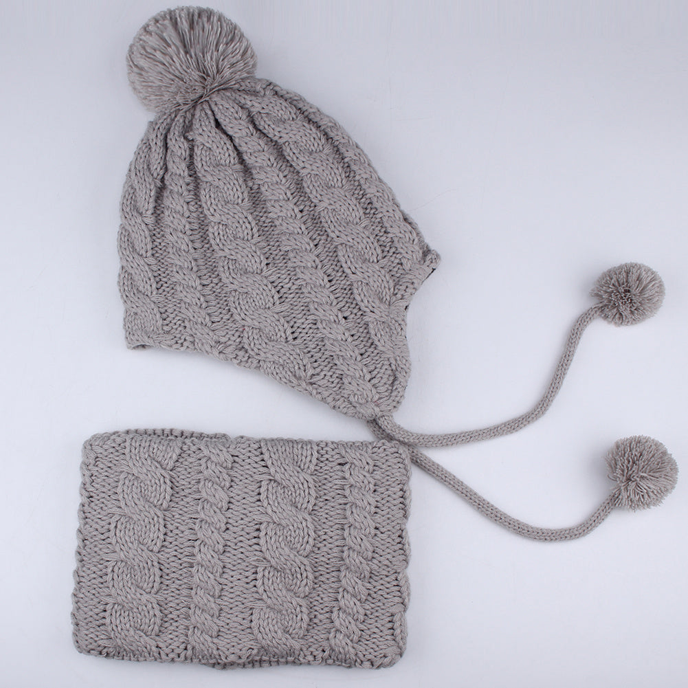 Kids Knitted Thermal Beanie Hat & Scarf Set - Winter Yarn Pom Pom Hat Scarf Set