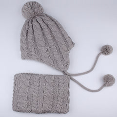 Kids Knitted Thermal Beanie Hat & Scarf Set - Winter Yarn Pom Pom Hat Scarf Set
