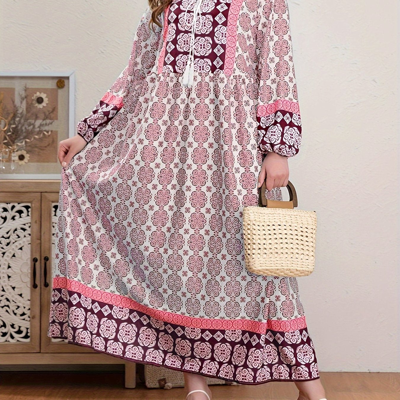 Boho Abaya Dress Women's Plus Allover Print Tassel Tie Neck