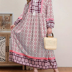 Boho Abaya Dress Women's Plus Allover Print Tassel Tie Neck