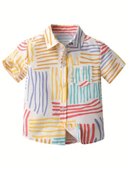 Graffiti Stripe Print Boys Lapel Shirt Summer Casual Top