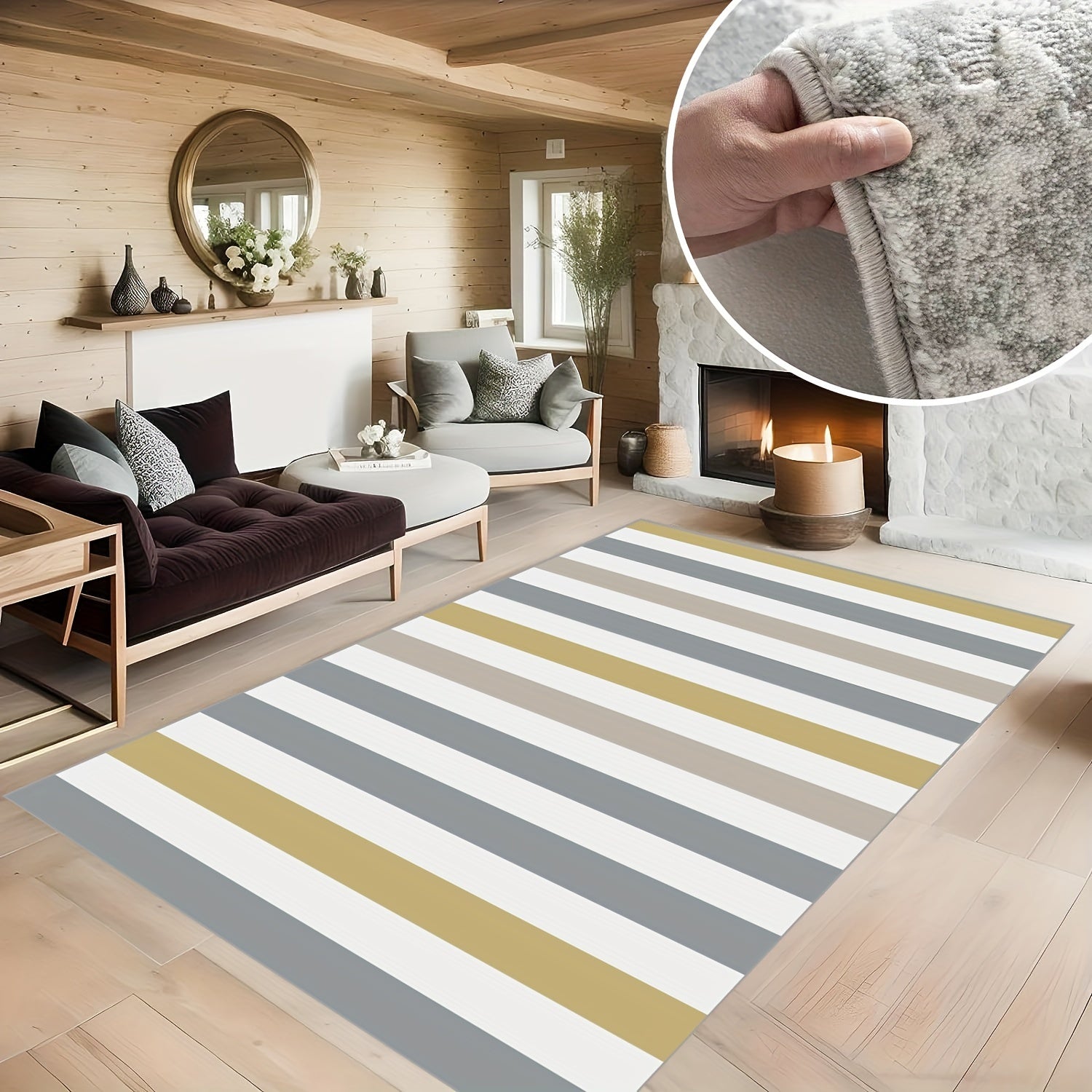 Yellow Gray Line Large Carpet Soft Durable Living Room Machine Washable