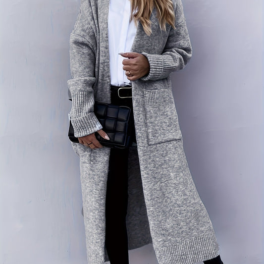 Retro Cardigan Open Front Long Sleeve High Stretch With Pockets