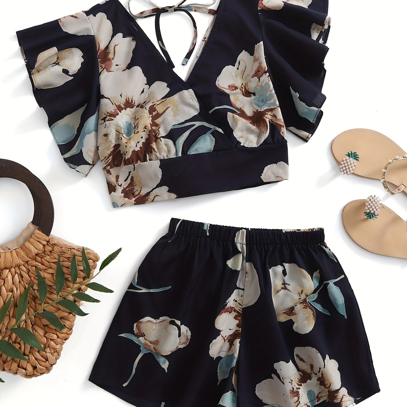 Vintage Floral Print 2pc Set V Neck Ruffle Trim Tops & Shorts Outfits