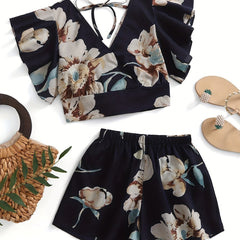 Vintage Floral Print 2pc Set V Neck Ruffle Trim Tops & Shorts Outfits