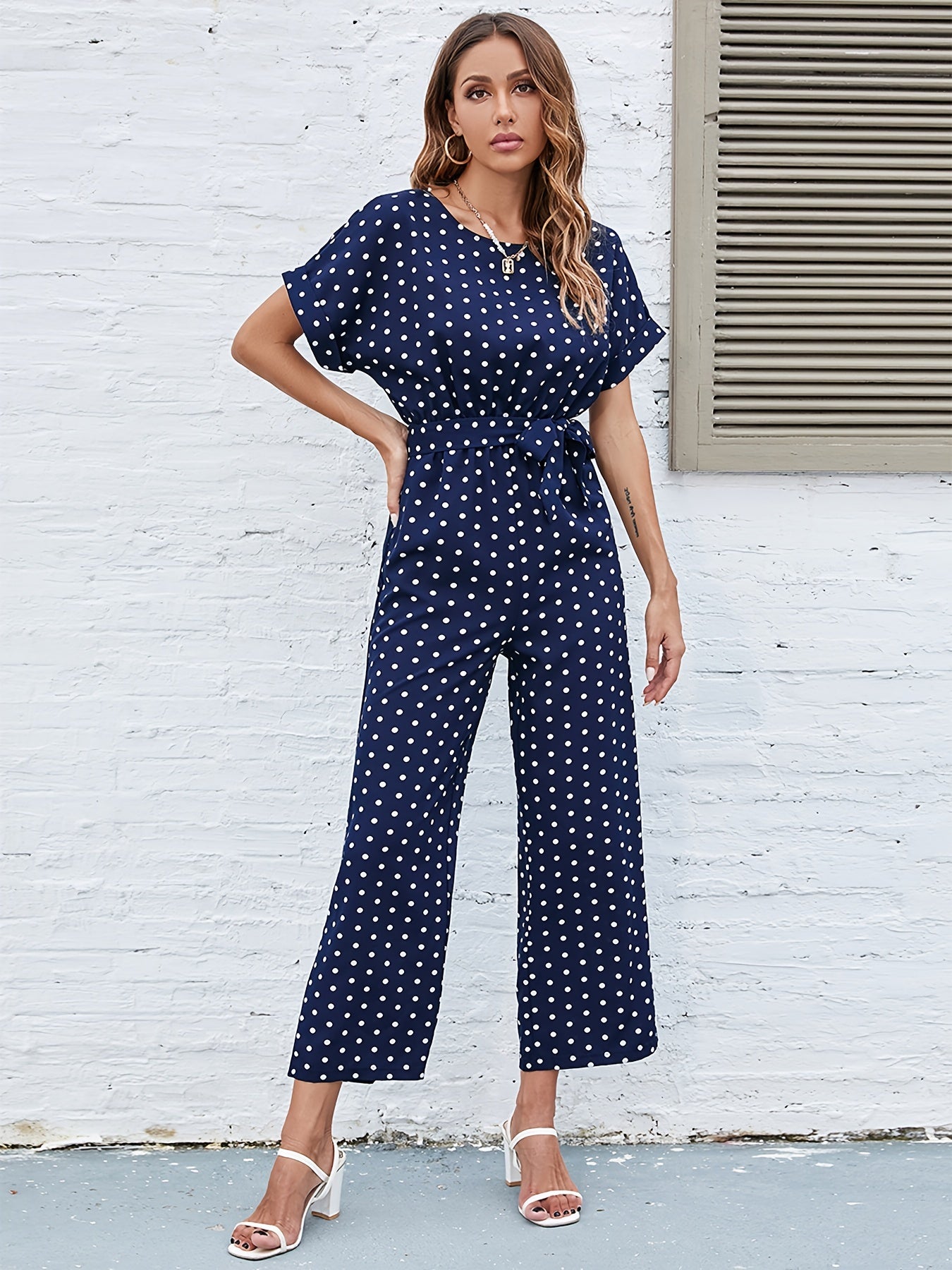 Polka Dot Round Neck Short Sleeve High Waist Jumpsuit