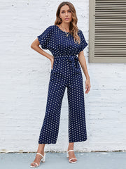 Polka Dot Round Neck Short Sleeve High Waist Jumpsuit