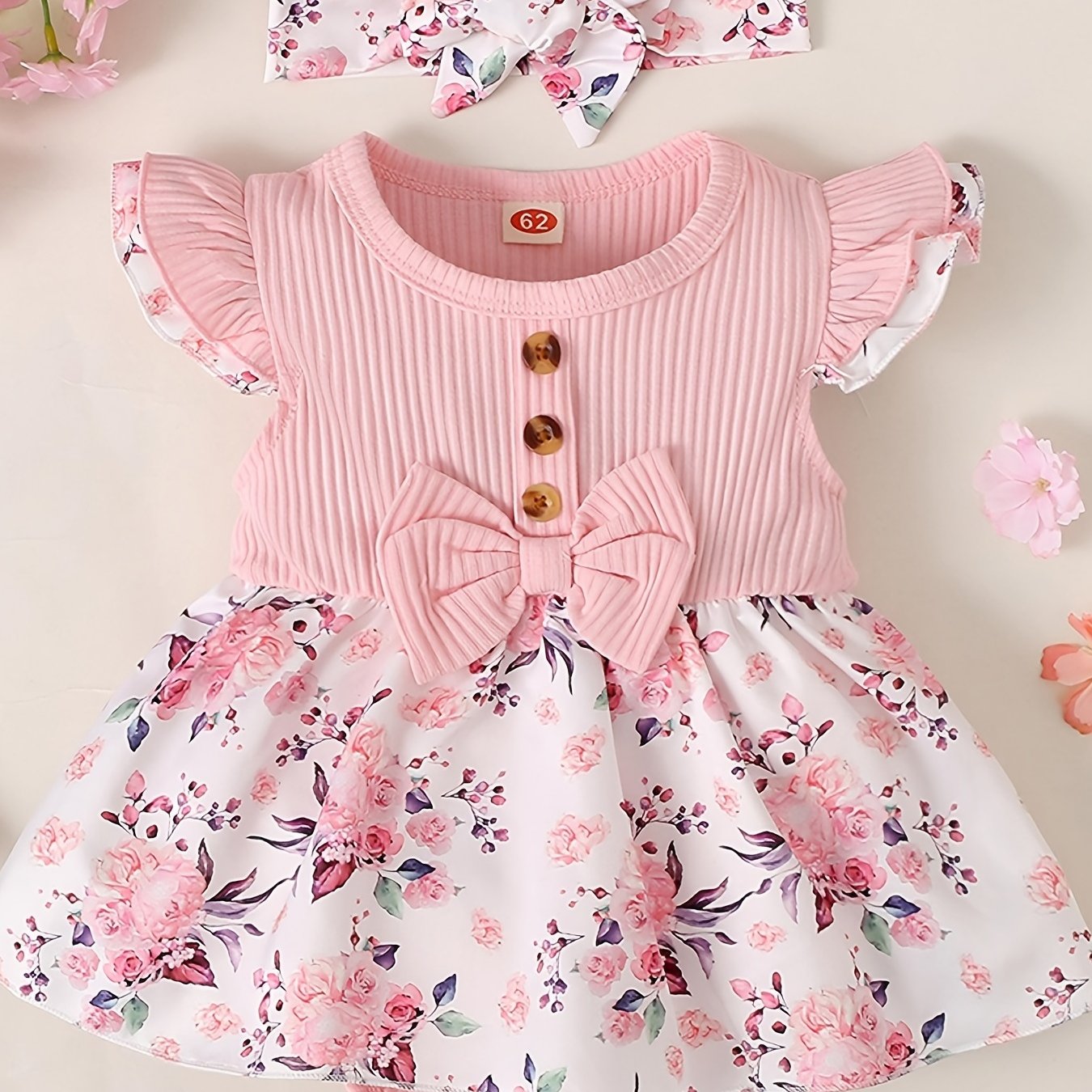 Baby Girls Floral Pink Dress Onesie Set with Headband