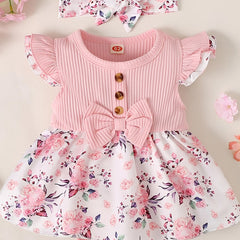 Baby Girls Floral Pink Dress Onesie Set with Headband
