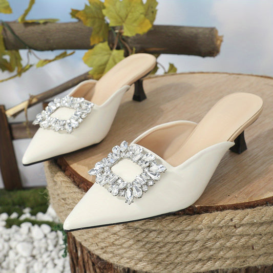 Women's Rhinestone Square Buckle Kitten Heels Slip On Slingback Sandals