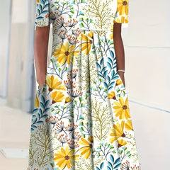 Floral Print Short Sleeve Ruched Dress With Pockets