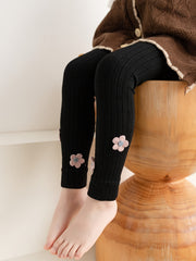 Girls Casual Leggings With Flower Patch Elastic Thermal Pantyhose