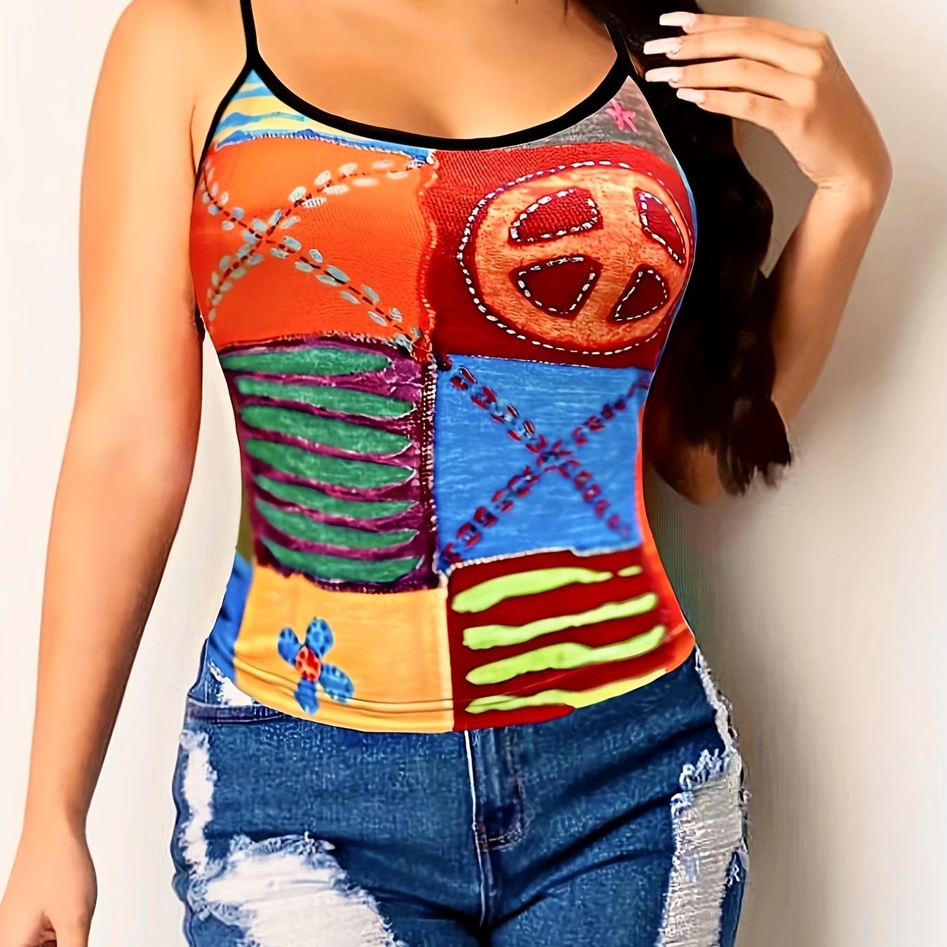 Colorblock Graphic Print Cami Top Sleeveless Crew Neck Summer Top