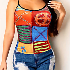 Colorblock Graphic Print Cami Top Sleeveless Crew Neck Summer Top