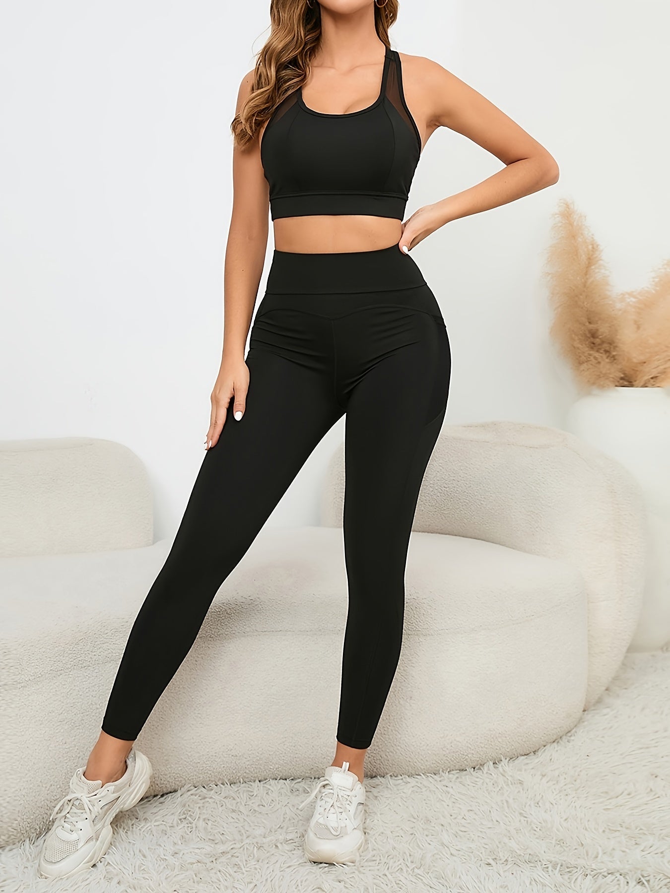 Mesh Insert Sports Bra & High Waist Leggings Set Women's Activewear