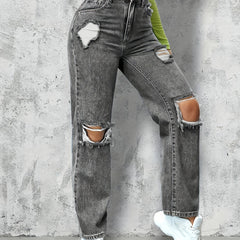 Grey Ripped Holes Straight Jeans Loose Fit Distressed Denim Pants