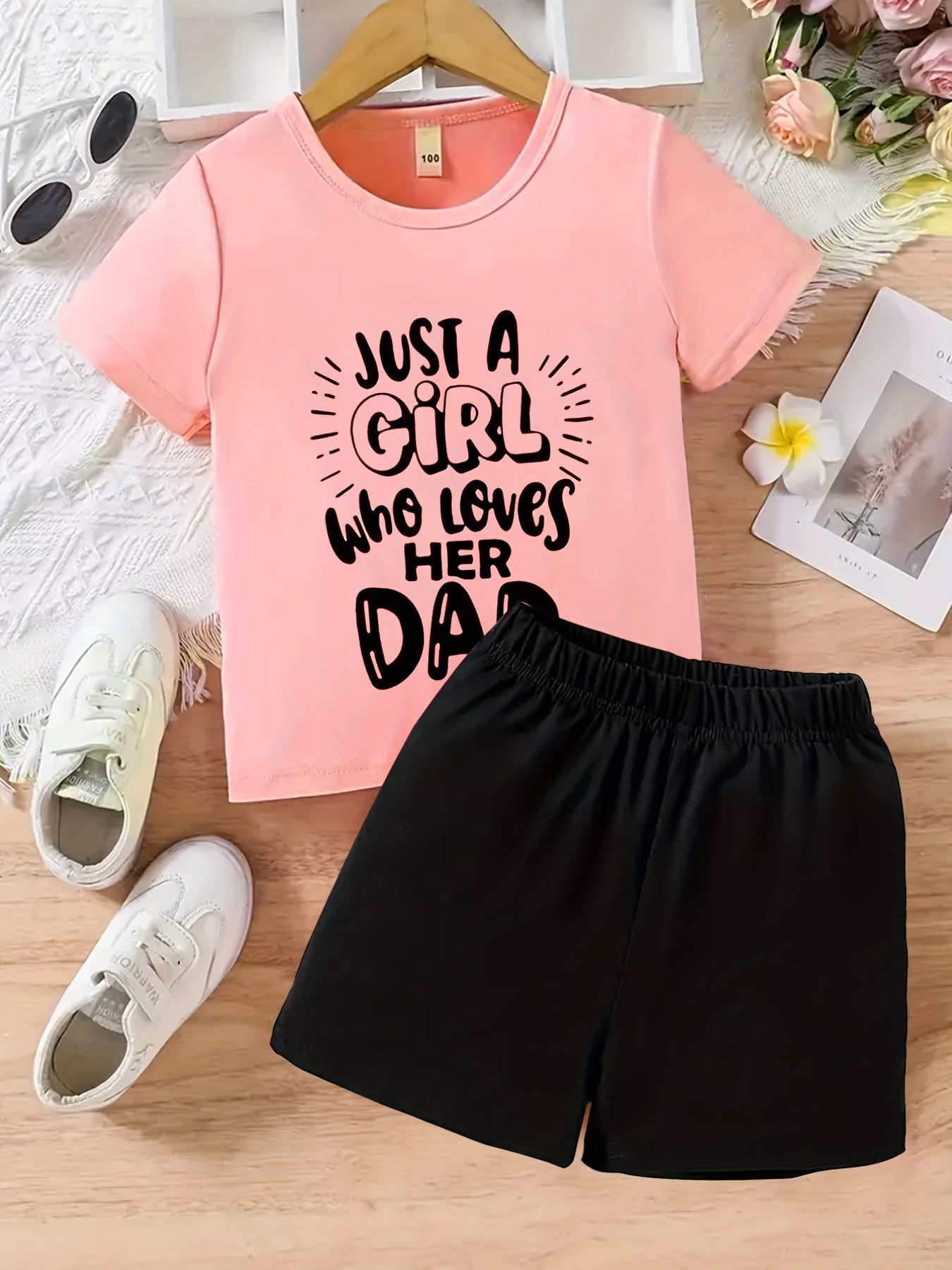 Girls Alphabet Printed T-shirt and Solid Shorts Set