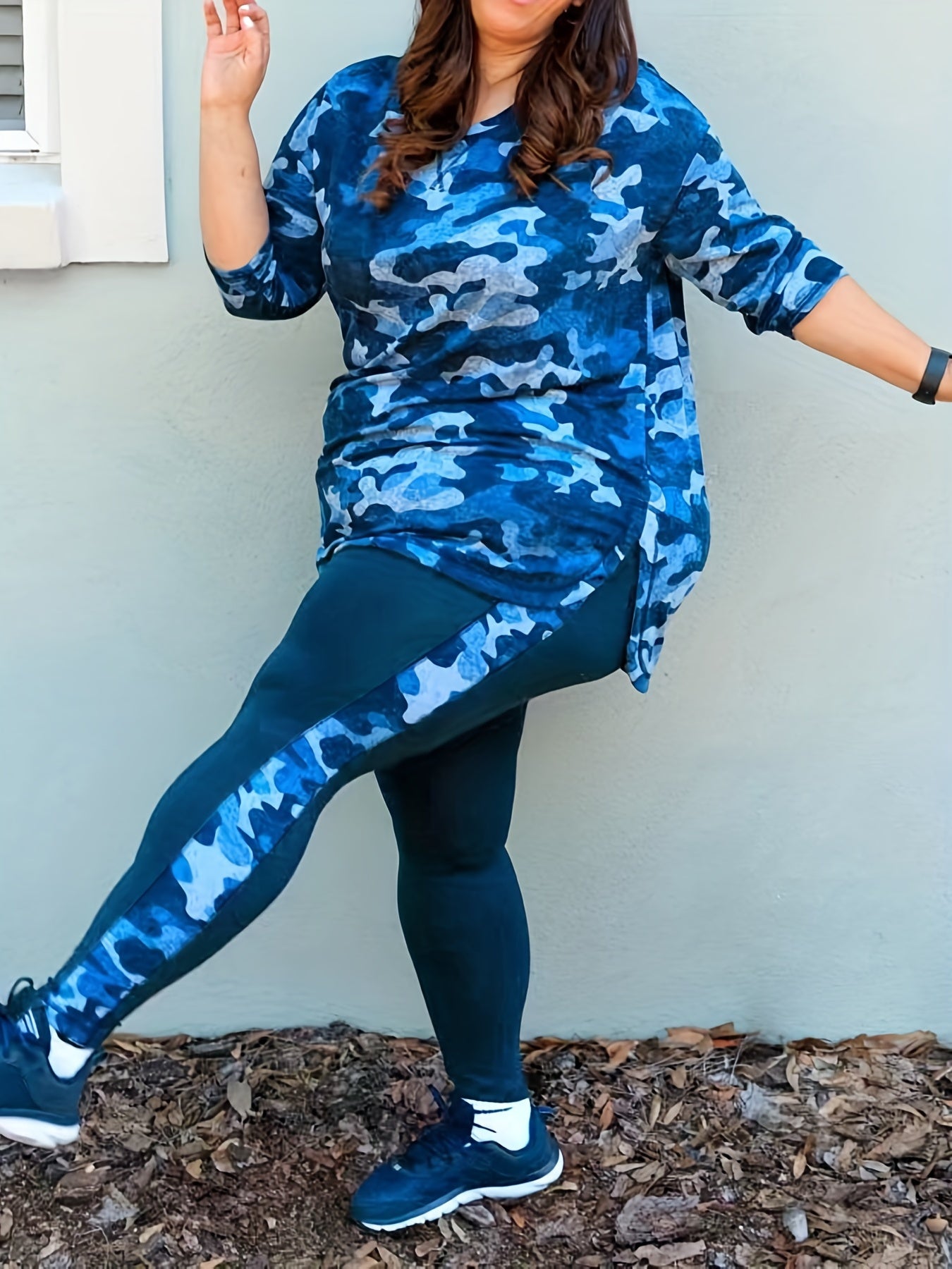 Women's Plus Camo Long Sleeve Tunic Top & Leggings Set