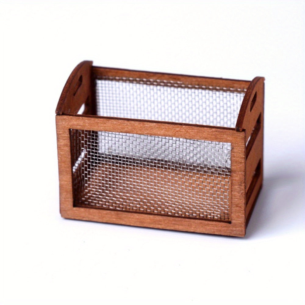 Mini Wood Storage Box with Iron Mesh Light Brown Dollhouse Decor