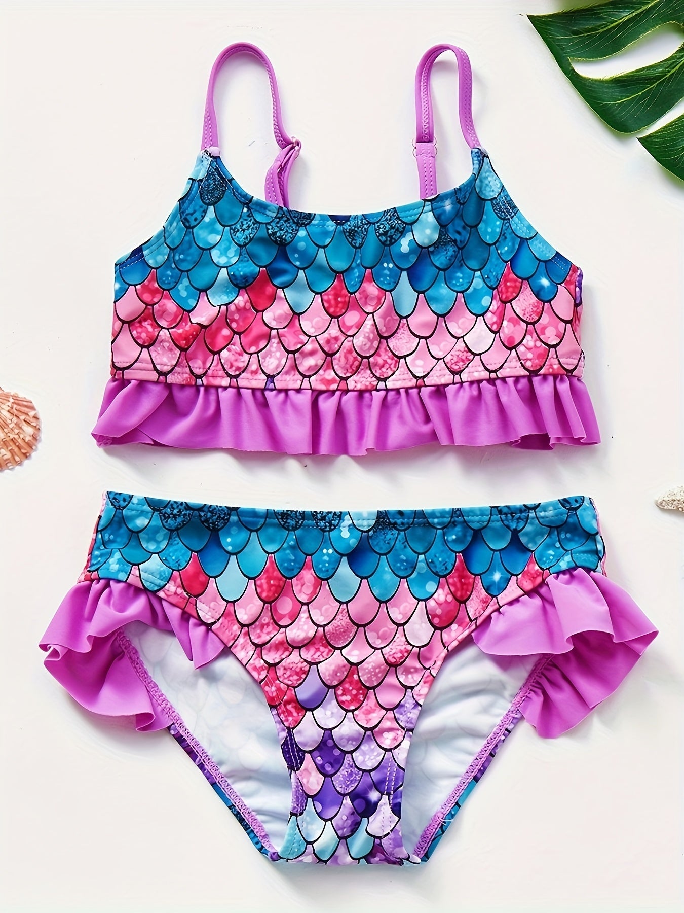 Girls Swimsuit Stylish Fish Scale Print 3-12 Years Split Shorts & Top