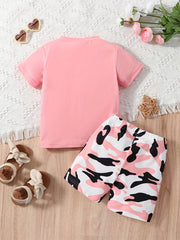 Girl's Leopard Heart T-shirt & Camo Shorts Set for Summer
