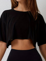 Women's Solid Short Casual Sports Cropped T Shirt Loose Round Neck Workout Top