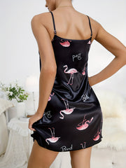 Flamingo Print Satin Sleep Dress Crew Neck Spaghetti Strap Nightdress
