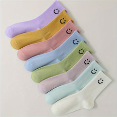 8 Pairs Smiling Face Print Socks Women's Mid Tube Stockings & Hosiery