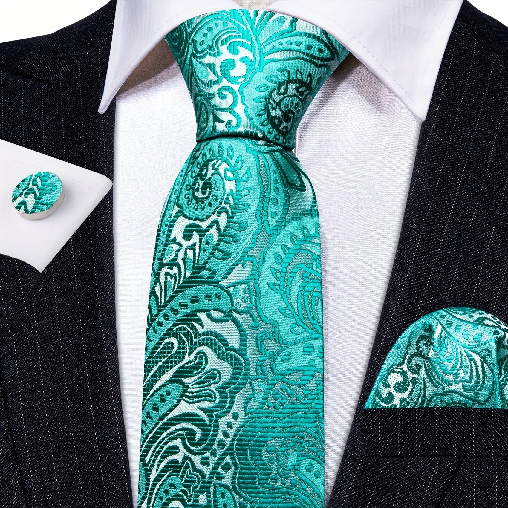 Men's Jacquard Tie, Hankerchief, Cufflinks Set