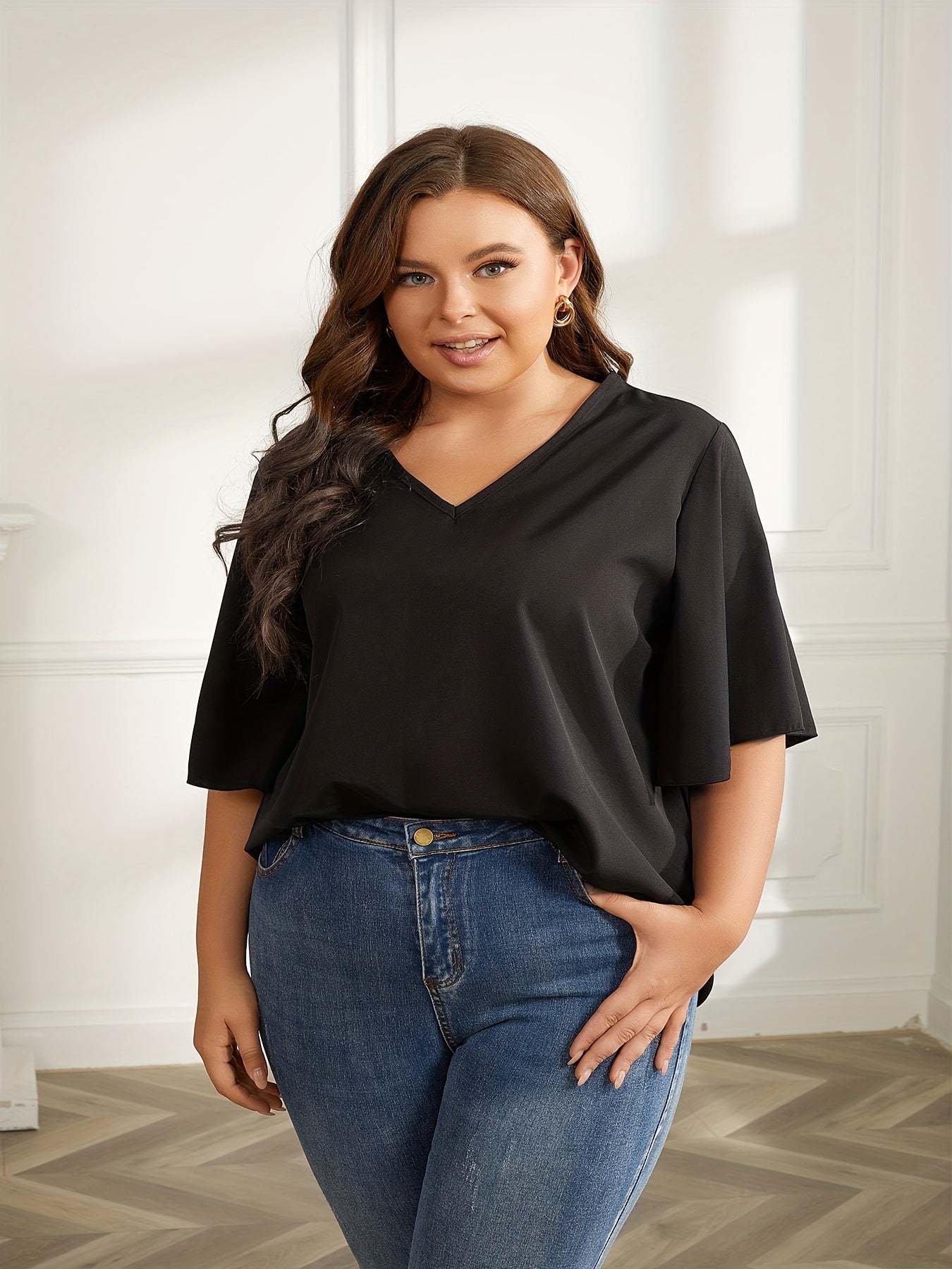 Women's Plus Solid V Neck Bat Sleeve T shirt