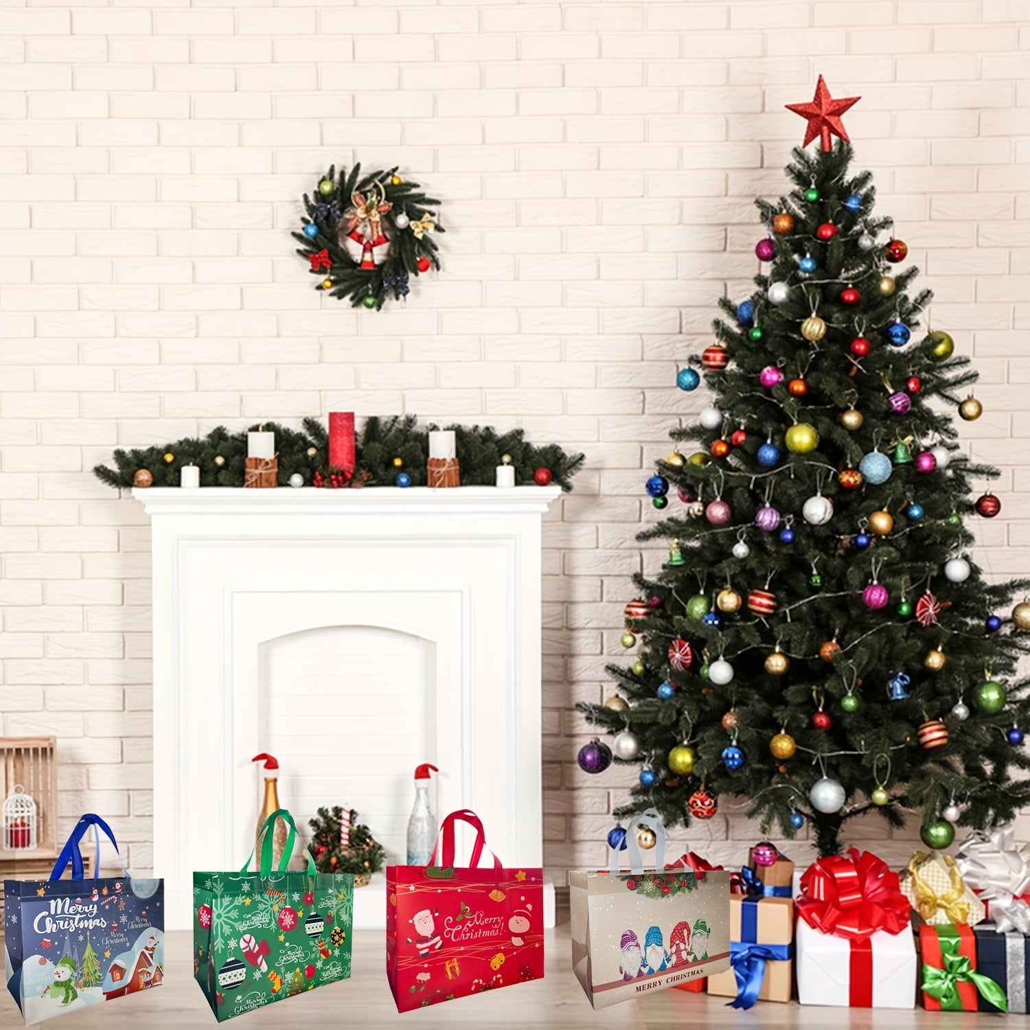 4 Pcs Christmas Tote Bags Reusable Xmas Gift Bags Treat Goodie Bag Waterproof