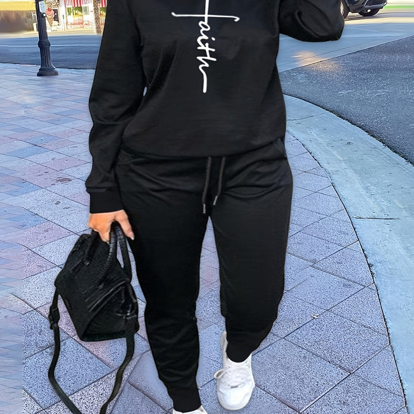 Cross Letter Print Crew Neck Pullover & Joggers Set