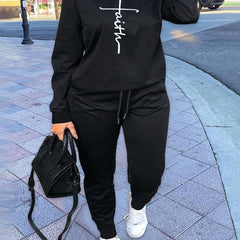 Cross Letter Print Crew Neck Pullover & Joggers Set
