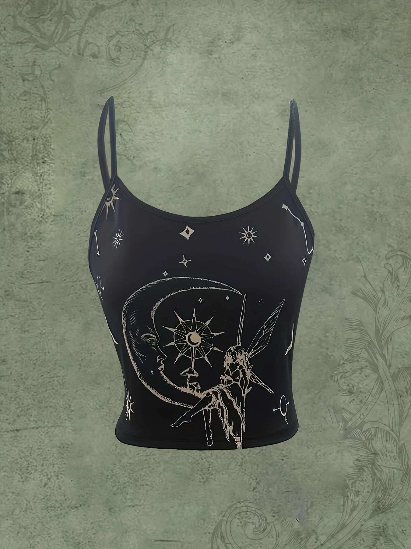 Fairy Sun Moon Print Cami Top Y2K Sleeveless Spaghetti Strap Summer