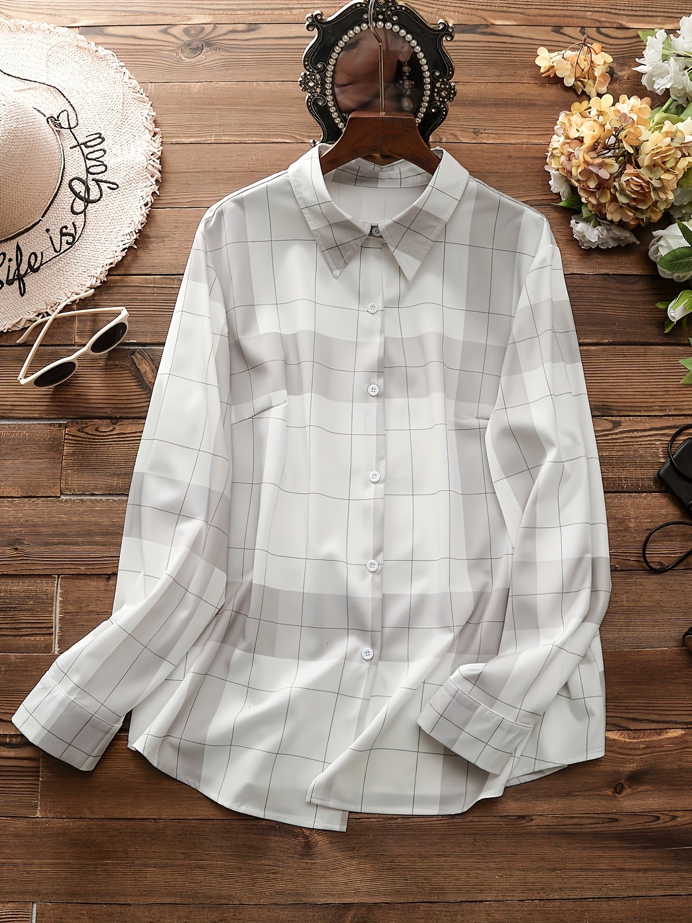 Plaid Print Button Up Long Sleeve Blouse