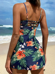 Tropical Floral Print Strappy 2 Piece Tankini V Neck Stretchy Swimsuit