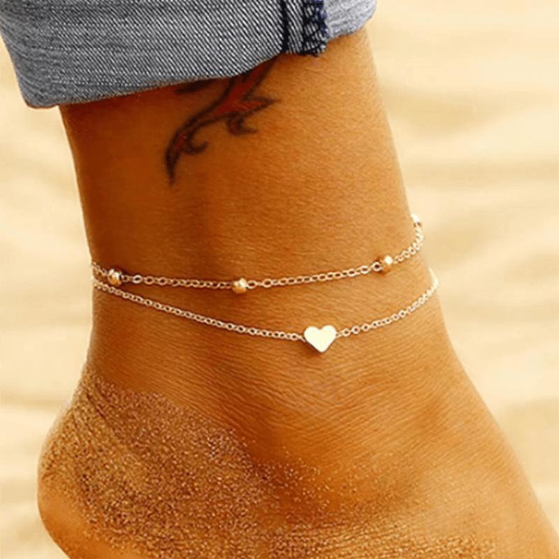 Double Layer Alloy Anklet Heart Decor Fashion Jewelry for Women Girls