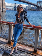 Casual Faux Leather Jacket Lapel PU Long Sleeve Loose