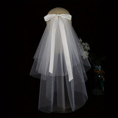 Double Layer Veil With Comb and Bow Bridal Wedding Hair Accessory