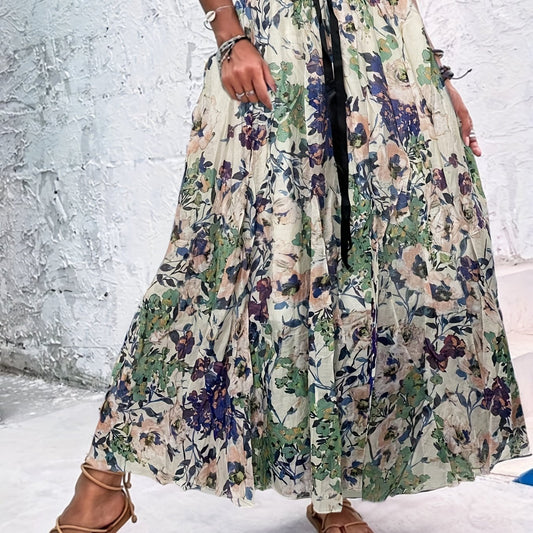 Floral Print Drawstring Skirt High Waist Pleated Casual Style