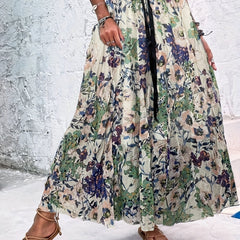 Floral Print Drawstring Skirt High Waist Pleated Casual Style