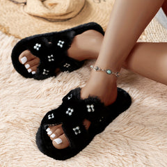 X Plush Home Slippers with Faux Pearl Decor, Open Toe, Winter Warm & Cozy