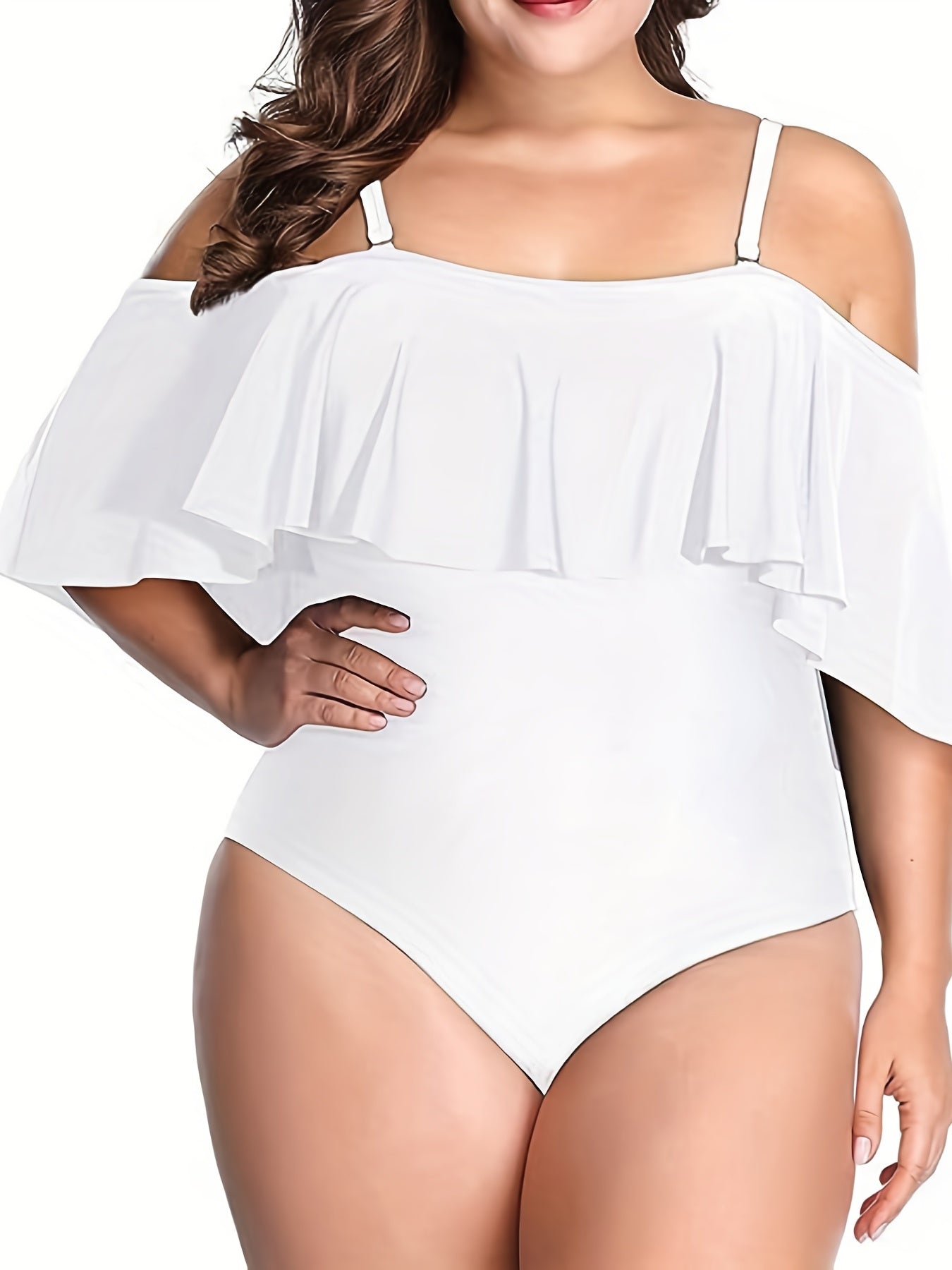 Tropical Print Cold Shoulder Ruffle Trim One Piece Bathing Suit